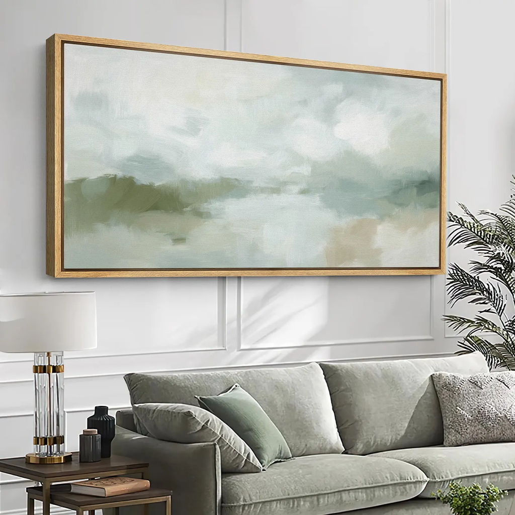 Soft Abstract Landscape Wall Art - Large Framed Canvas Print, Minimalist Green & Beige Nature Painting for Living Room or Bedroom Decor