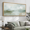 Soft Abstract Landscape Wall Art - Large Framed Canvas Print, Minimalist Green & Beige Nature Painting for Living Room or Bedroom Decor