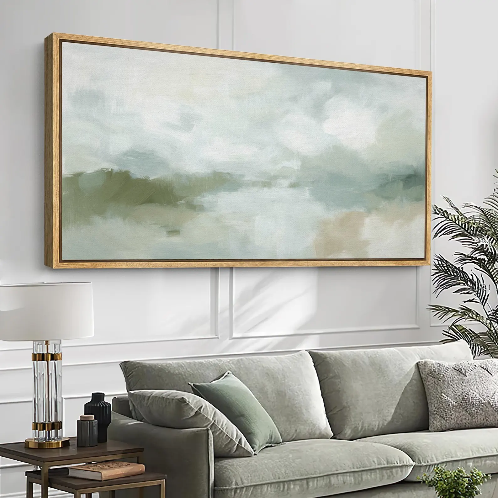 Soft Abstract Landscape Wall Art - Large Framed Canvas Print, Minimalist Green & Beige Nature Painting for Living Room or Bedroom Decor