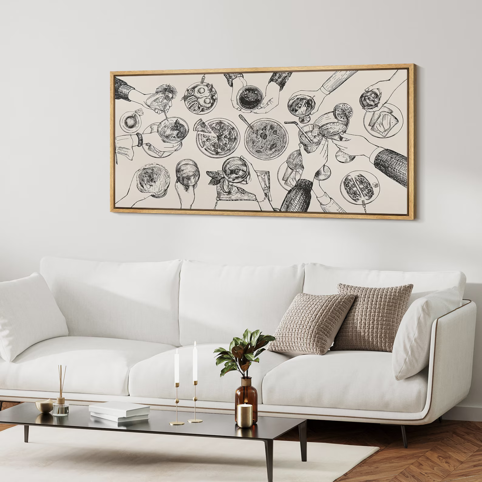 Large Framed Dining Table Cheers Wall Art, Social Gathering Sketch Canvas Print, Modern Minimalist Line Decor for Dining Room or Kitchen