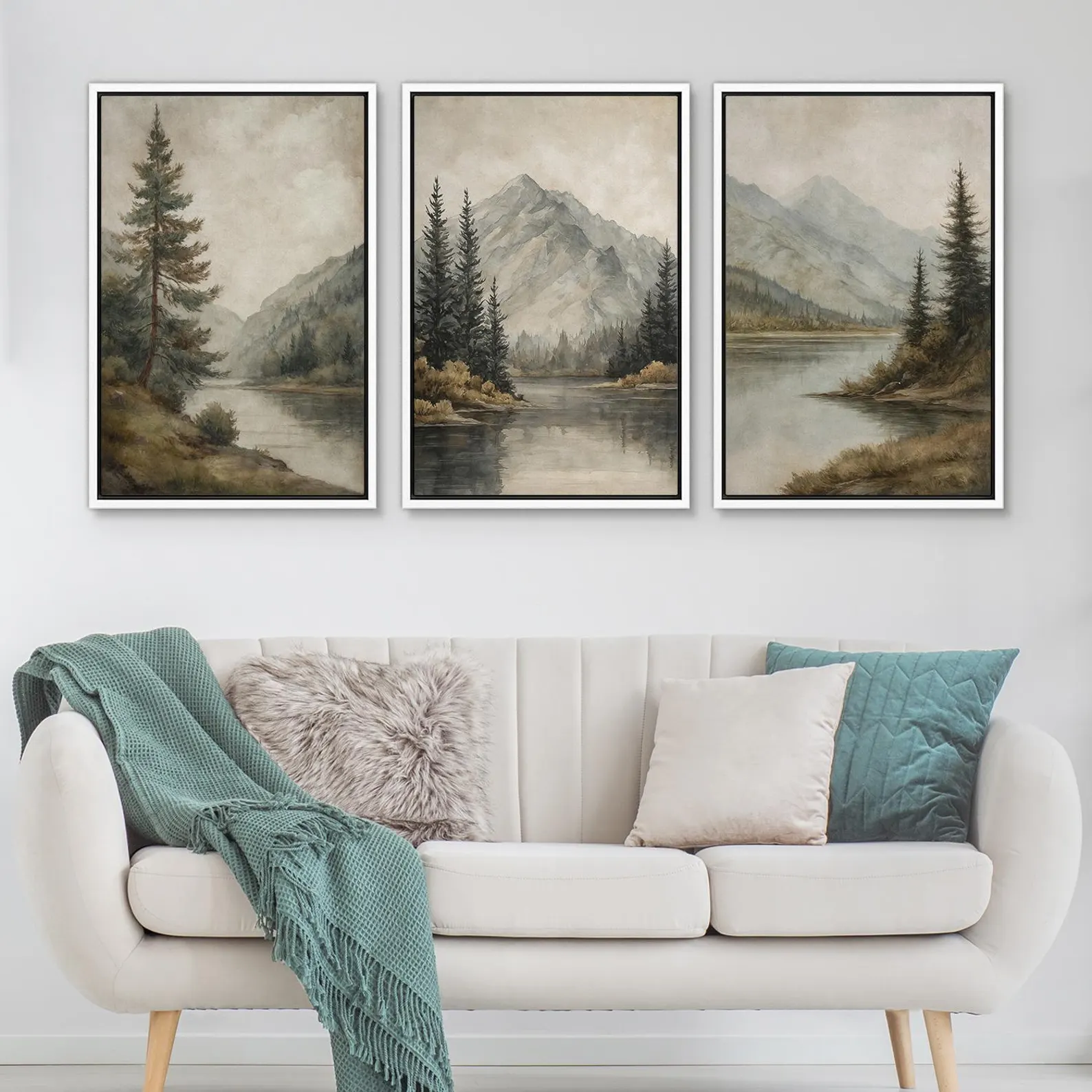 Mountain Lake Wall Art Set of 3 - Framed Pine Tree & River Canvas Prints, Neutral Nature Landscape Decor for Rustic Living Room or Bedroom