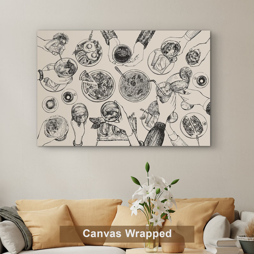 Large Framed Dining Table Cheers Wall Art, Social Gathering Sketch Canvas Print, Modern Minimalist Line Decor for Dining Room or Kitchen