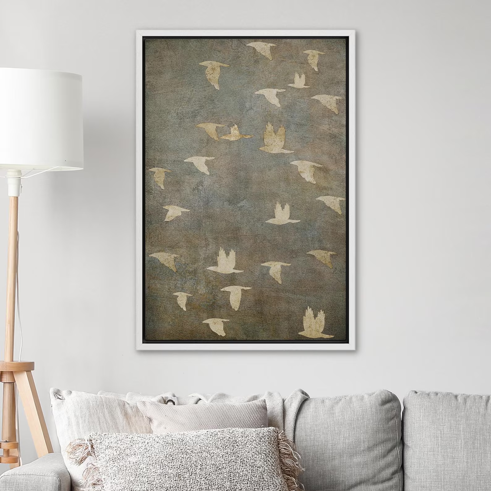 Framed Flying Flock of Birds Wall Art, Neutral Minimalist Nature Canvas Print, Vintage Inspired Abstract Bird Decor for Office