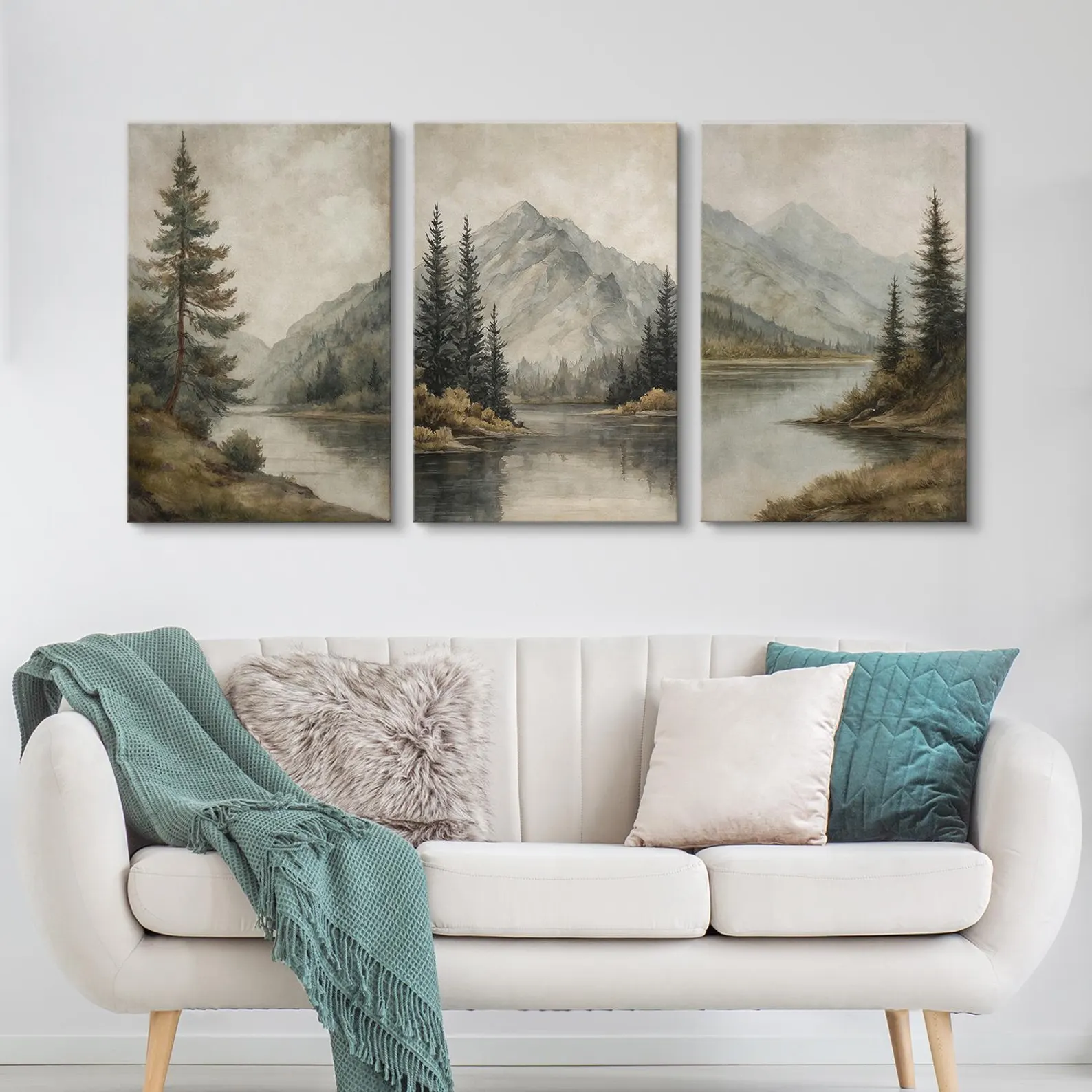 Mountain Lake Wall Art Set of 3 - Framed Pine Tree & River Canvas Prints, Neutral Nature Landscape Decor for Rustic Living Room or Bedroom