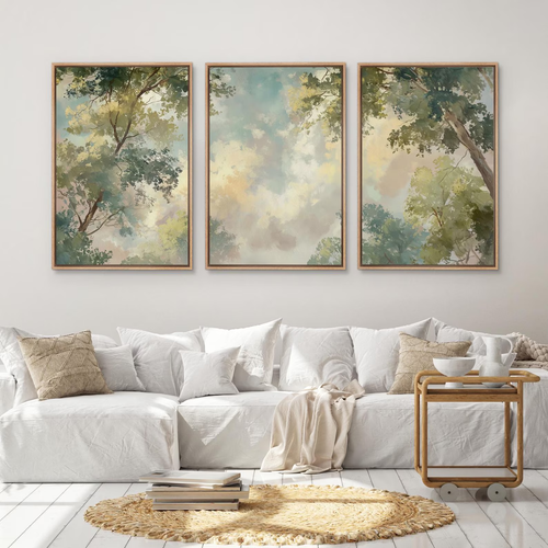 Large Framed Soft Tree Canopy Sky Wall Art, Looking Up Forest Canvas Print, Light Green Nature Artwork for Soothing Bedroom Decor
