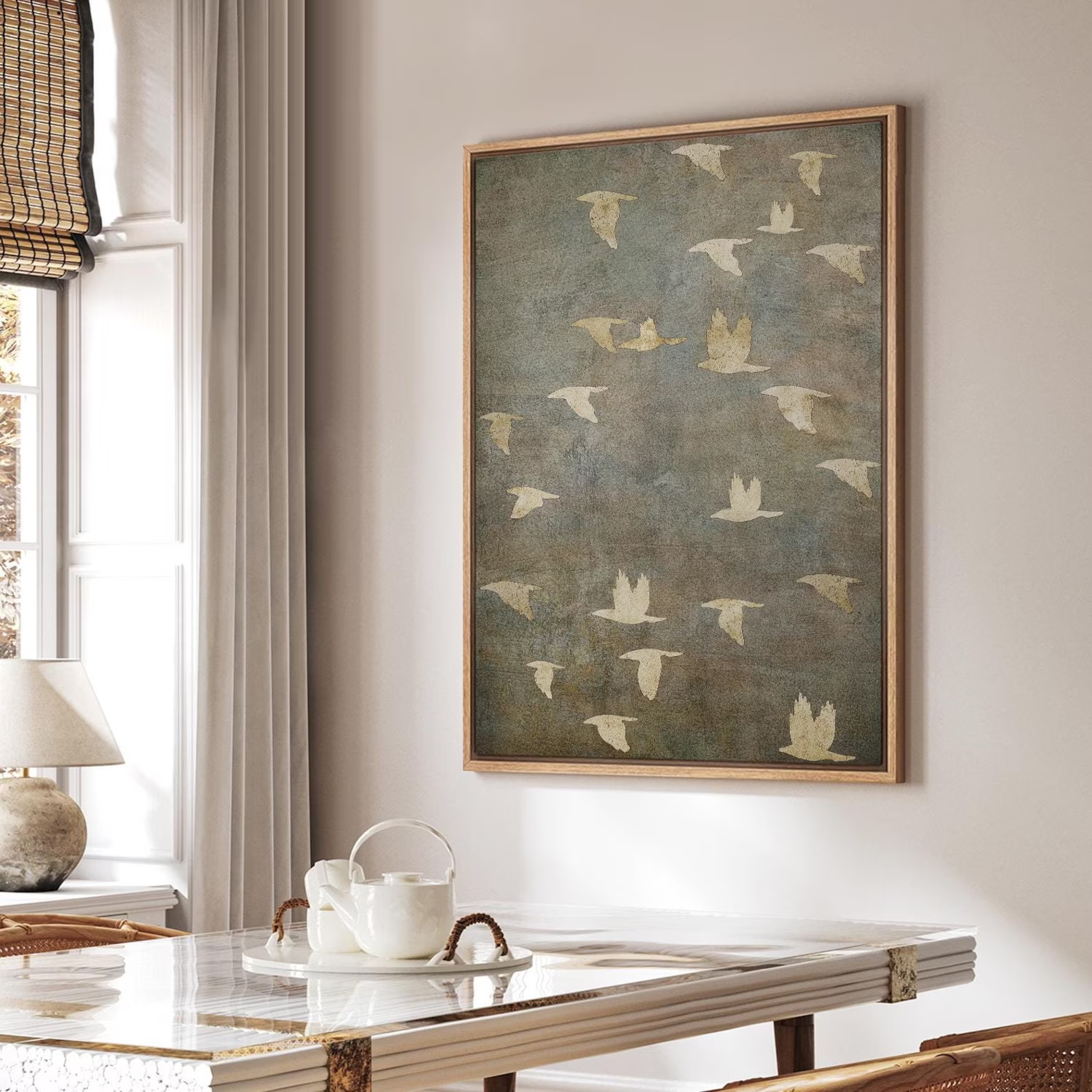 Framed Flying Flock of Birds Wall Art, Neutral Minimalist Nature Canvas Print, Vintage Inspired Abstract Bird Decor for Office