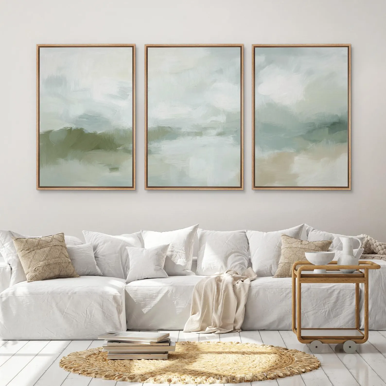 Soft Abstract Landscape Wall Art - Large Framed Canvas Print, Minimalist Green & Beige Nature Painting for Living Room or Bedroom Decor