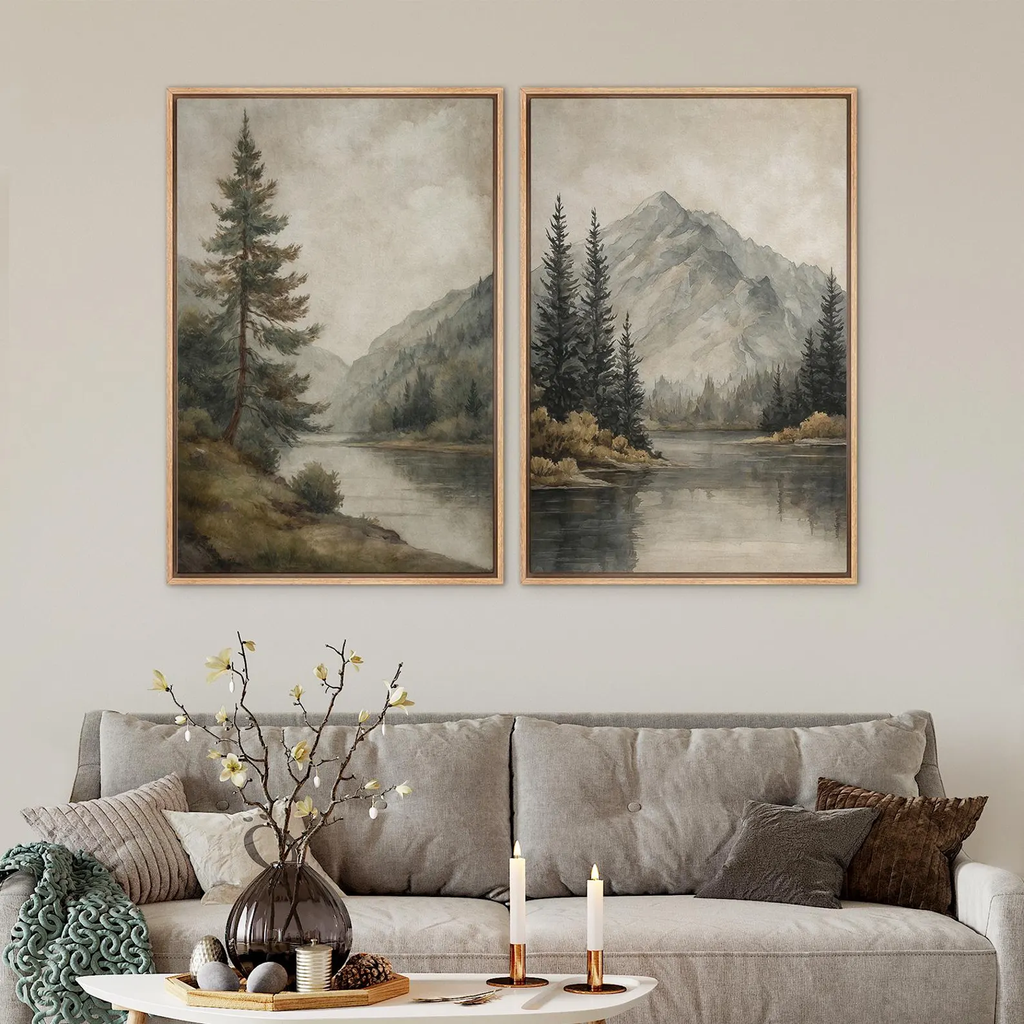 Mountain Lake Wall Art Set of 3 - Framed Pine Tree & River Canvas Prints, Neutral Nature Landscape Decor for Rustic Living Room or Bedroom