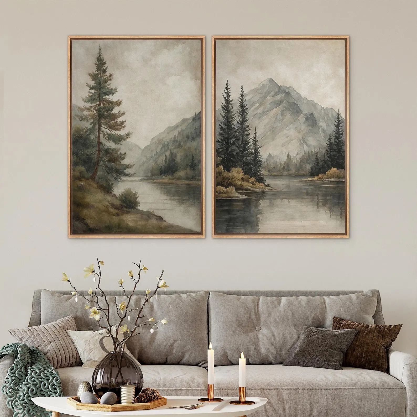 Mountain Lake Wall Art Set of 3 - Framed Pine Tree & River Canvas Prints, Neutral Nature Landscape Decor for Rustic Living Room or Bedroom