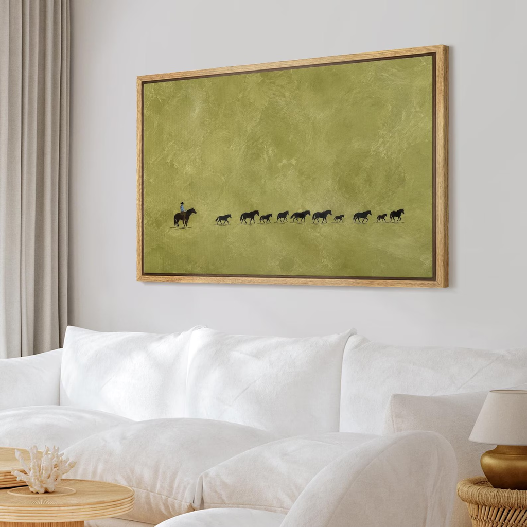 Large Cowboy Cattle Drive Framed Wall Art, Olive Green Ranch Canvas Print, Minimal Western Artwork, Rustic Farmhouse Decor