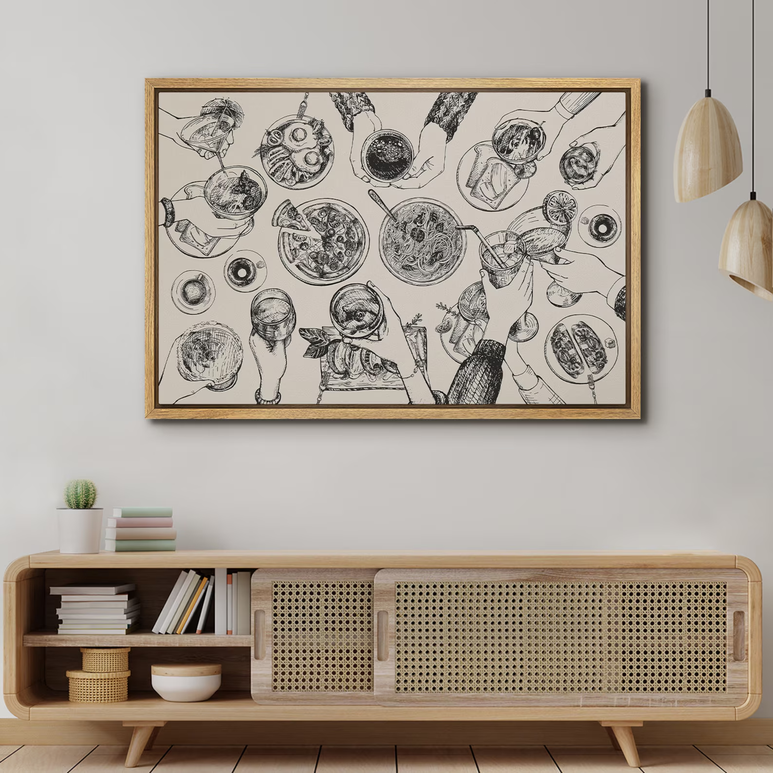 Large Framed Dining Table Cheers Wall Art, Social Gathering Sketch Canvas Print, Modern Minimalist Line Decor for Dining Room or Kitchen