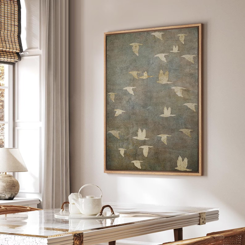 Framed Flying Flock of Birds Wall Art, Neutral Minimalist Nature Canvas Print, Vintage Inspired Abstract Bird Decor for Office
