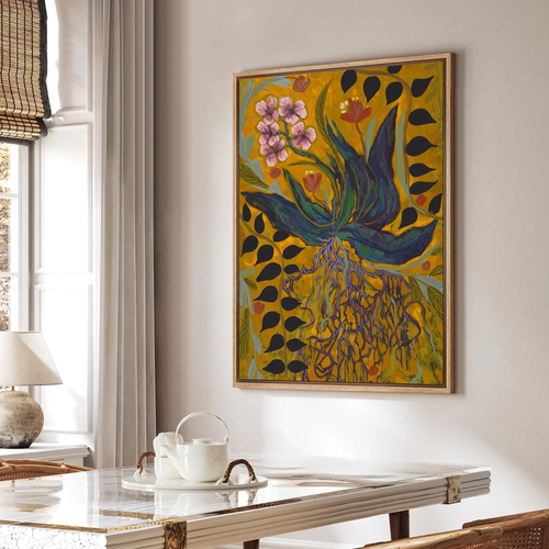 Bold Botanical Wall Art - Framed Expressionist Wildflower Print, Vibrant Yellow & Purple Abstract Leaves Painting for Farmhouse Decor