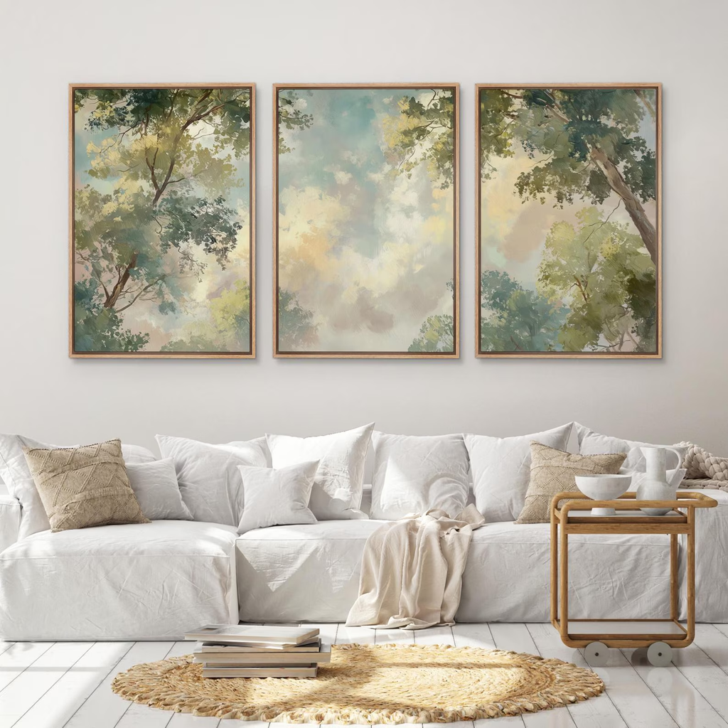 Large Framed Soft Tree Canopy Sky Wall Art, Looking Up Forest Canvas Print, Light Green Nature Artwork for Soothing Bedroom Decor