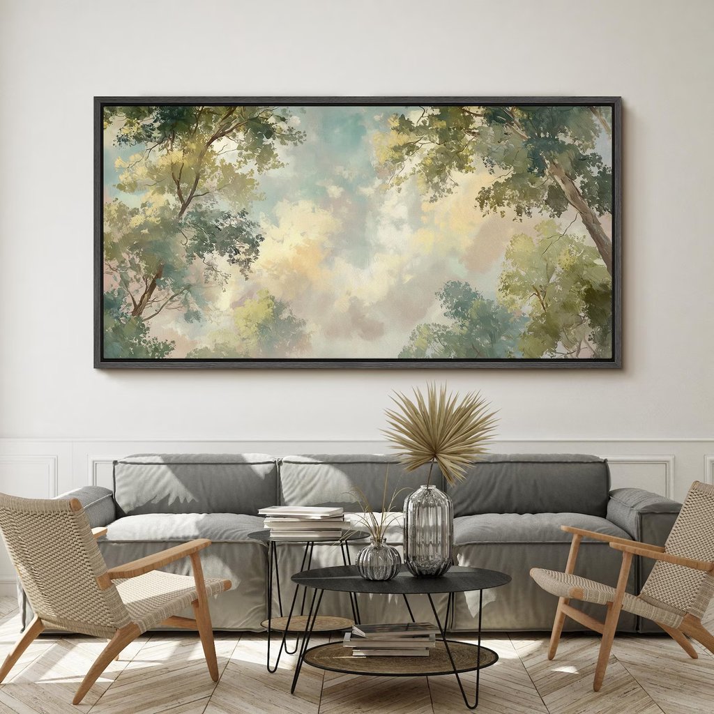 Large Framed Soft Tree Canopy Sky Wall Art, Looking Up Forest Canvas Print, Light Green Nature Artwork for Soothing Bedroom Decor