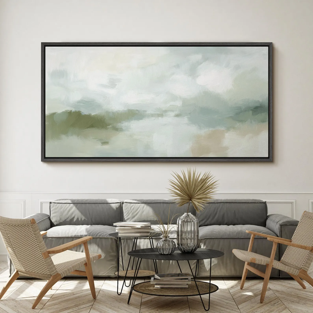 Soft Abstract Landscape Wall Art - Large Framed Canvas Print, Minimalist Green & Beige Nature Painting for Living Room or Bedroom Decor