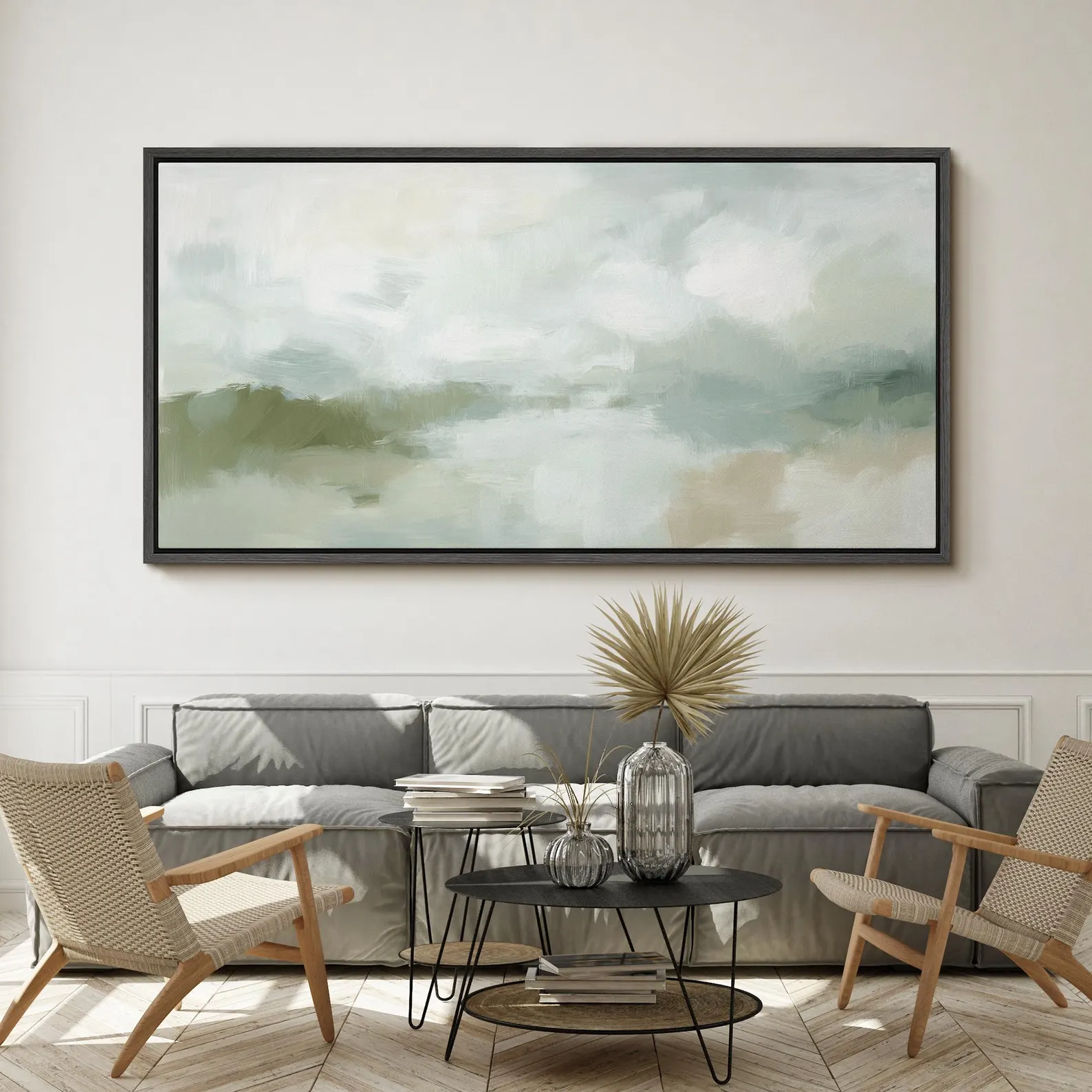 Soft Abstract Landscape Wall Art - Large Framed Canvas Print, Minimalist Green & Beige Nature Painting for Living Room or Bedroom Decor