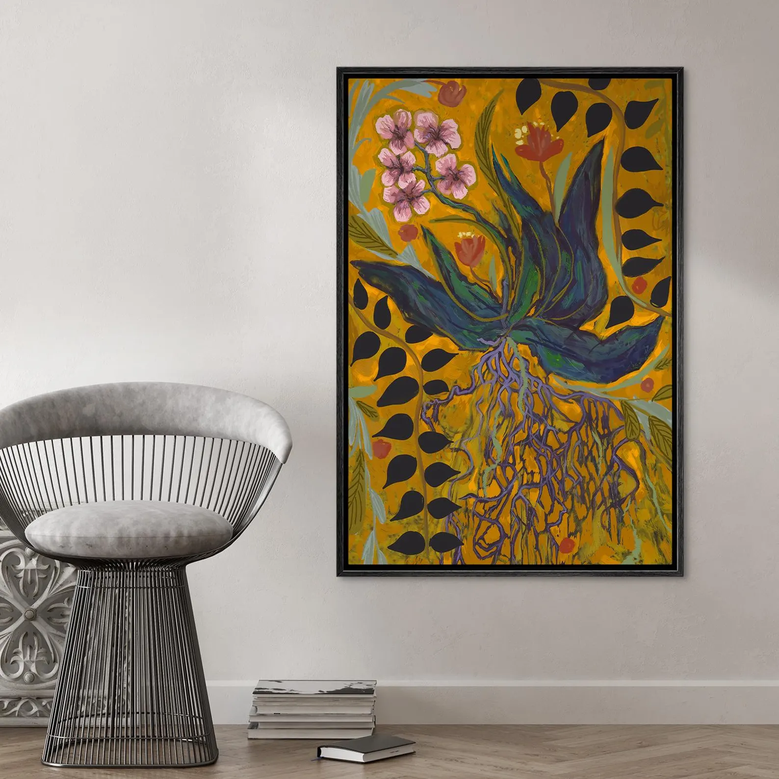 Bold Botanical Wall Art - Framed Expressionist Wildflower Print, Vibrant Yellow & Purple Abstract Leaves Painting for Farmhouse Decor