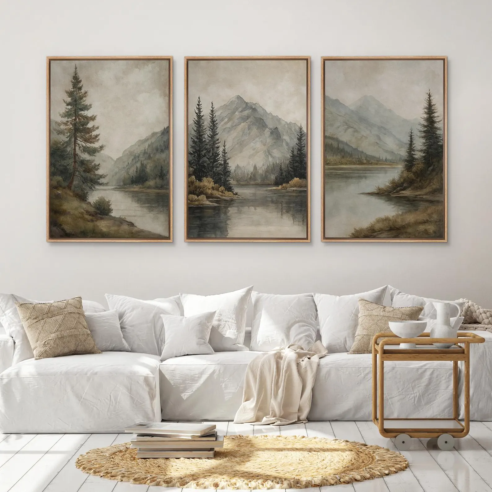 Mountain Lake Wall Art Set of 3 - Framed Pine Tree & River Canvas Prints, Neutral Nature Landscape Decor for Rustic Living Room or Bedroom