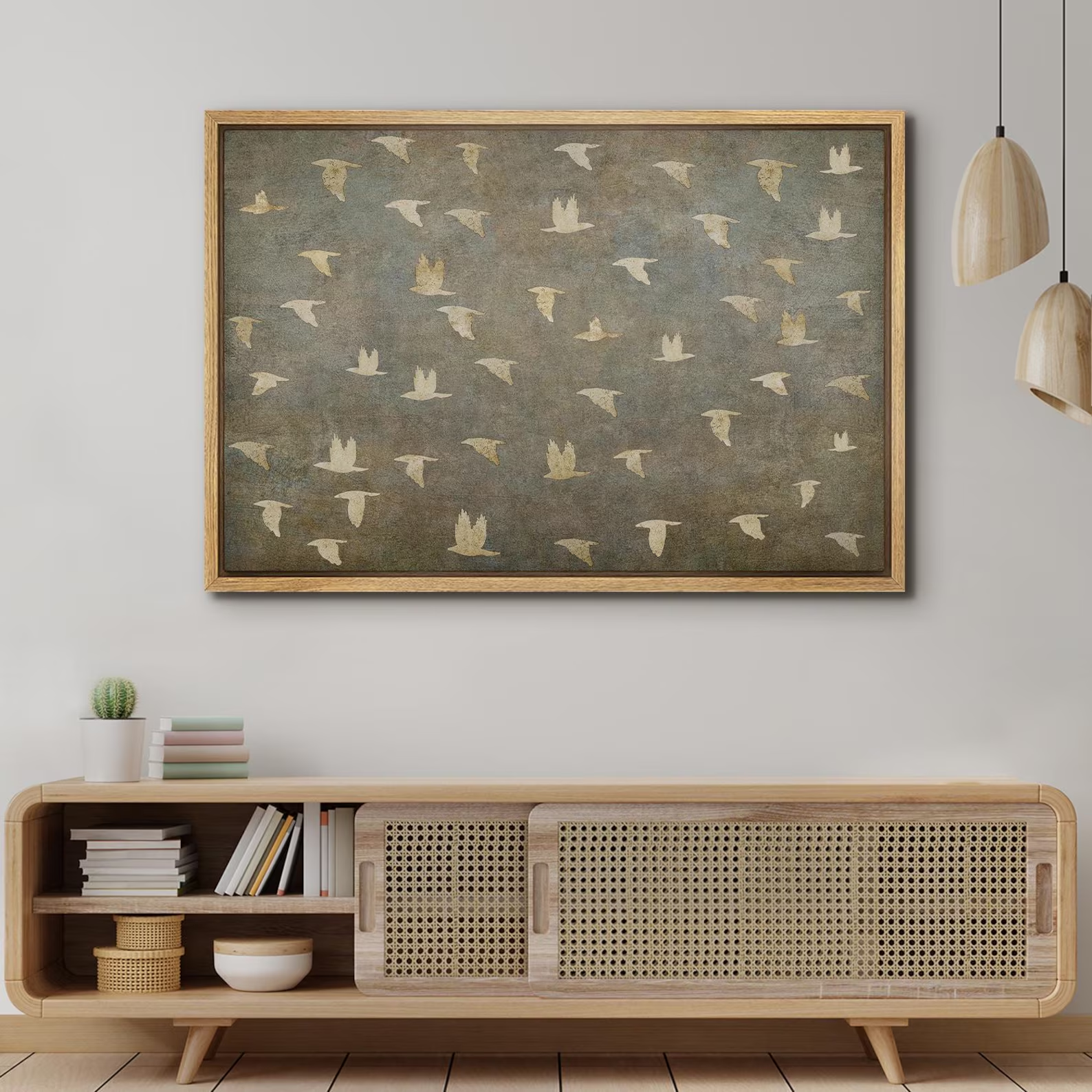 Framed Flying Flock of Birds Wall Art, Neutral Minimalist Nature Canvas Print, Vintage Inspired Abstract Bird Decor for Office