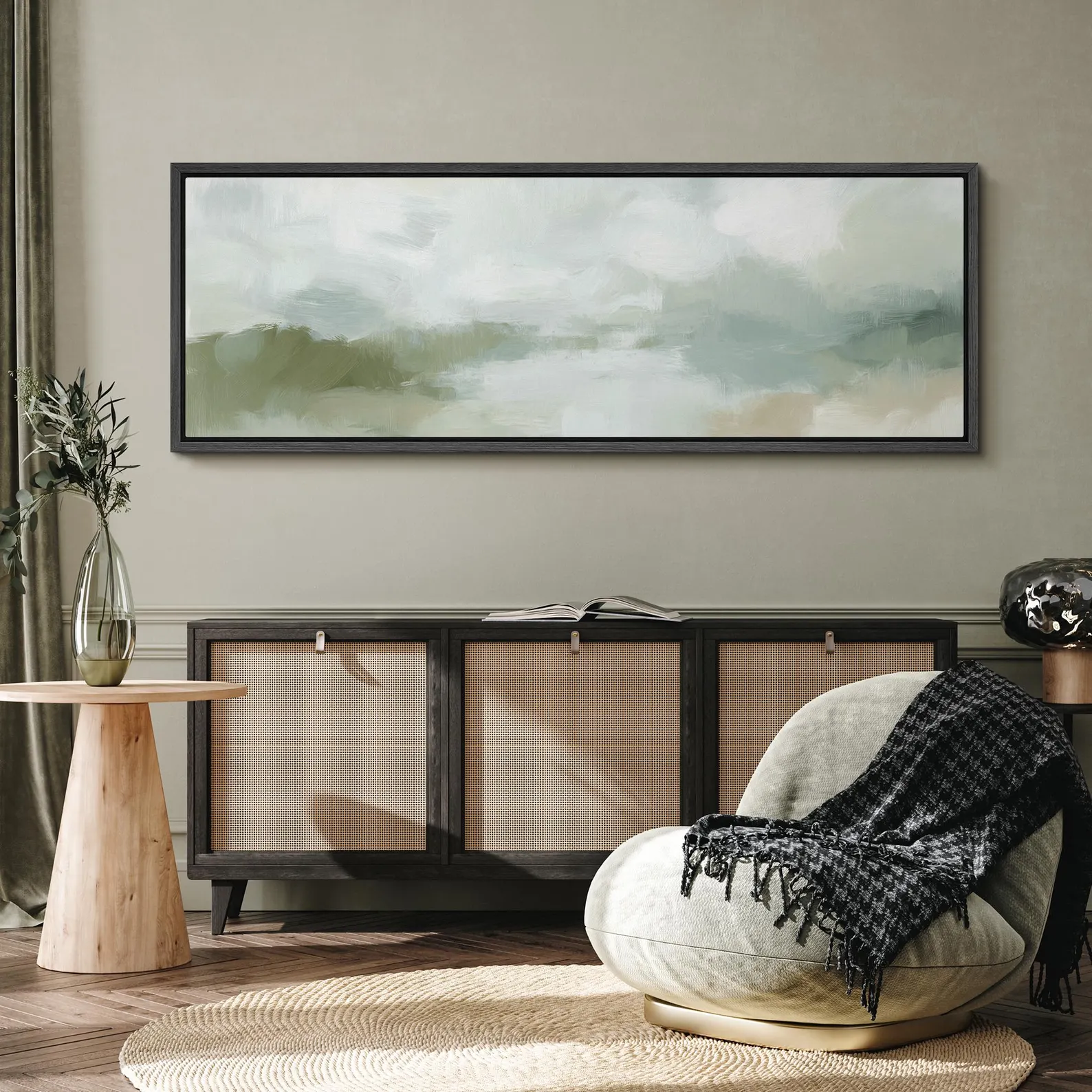 Soft Abstract Landscape Wall Art - Large Framed Canvas Print, Minimalist Green & Beige Nature Painting for Living Room or Bedroom Decor