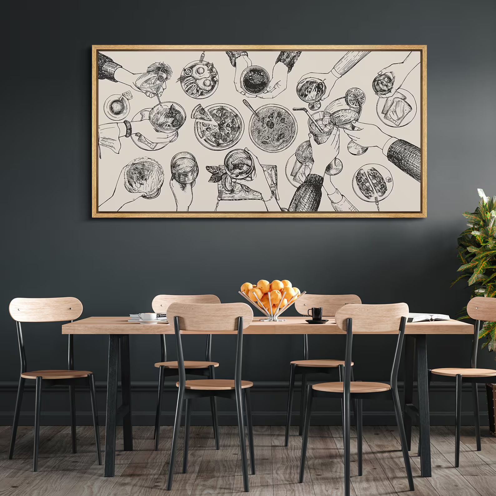 Large Framed Dining Table Cheers Wall Art, Social Gathering Sketch Canvas Print, Modern Minimalist Line Decor for Dining Room or Kitchen