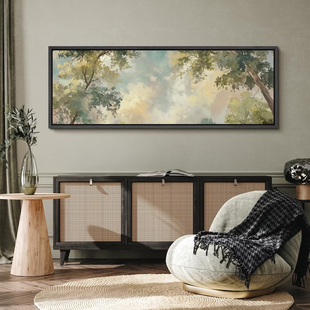 Large Framed Soft Tree Canopy Sky Wall Art, Looking Up Forest Canvas Print, Light Green Nature Artwork for Soothing Bedroom Decor