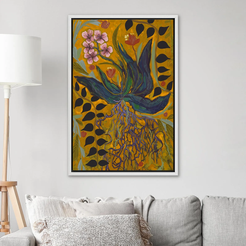 Bold Botanical Wall Art - Framed Expressionist Wildflower Print, Vibrant Yellow & Purple Abstract Leaves Painting for Farmhouse Decor