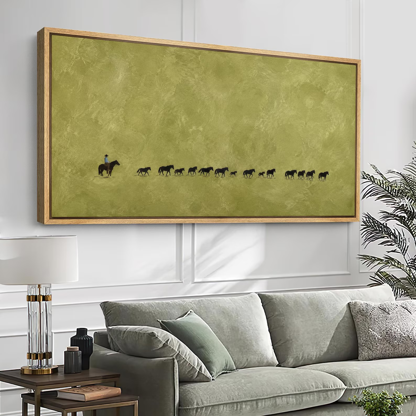 Large Cowboy Cattle Drive Framed Wall Art, Olive Green Ranch Canvas Print, Minimal Western Artwork, Rustic Farmhouse Decor
