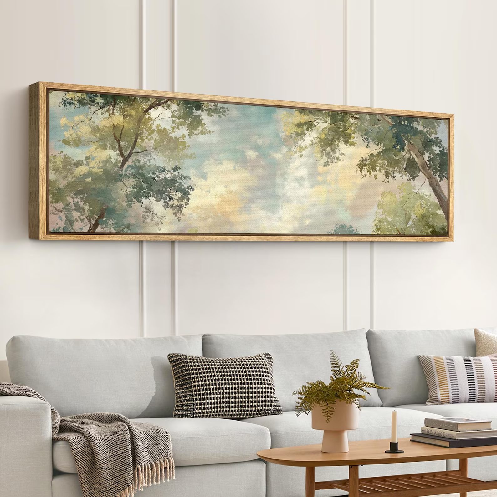 Large Framed Soft Tree Canopy Sky Wall Art, Looking Up Forest Canvas Print, Light Green Nature Artwork for Soothing Bedroom Decor