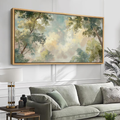 Large Framed Soft Tree Canopy Sky Wall Art, Looking Up Forest Canvas Print, Light Green Nature Artwork for Soothing Bedroom Decor
