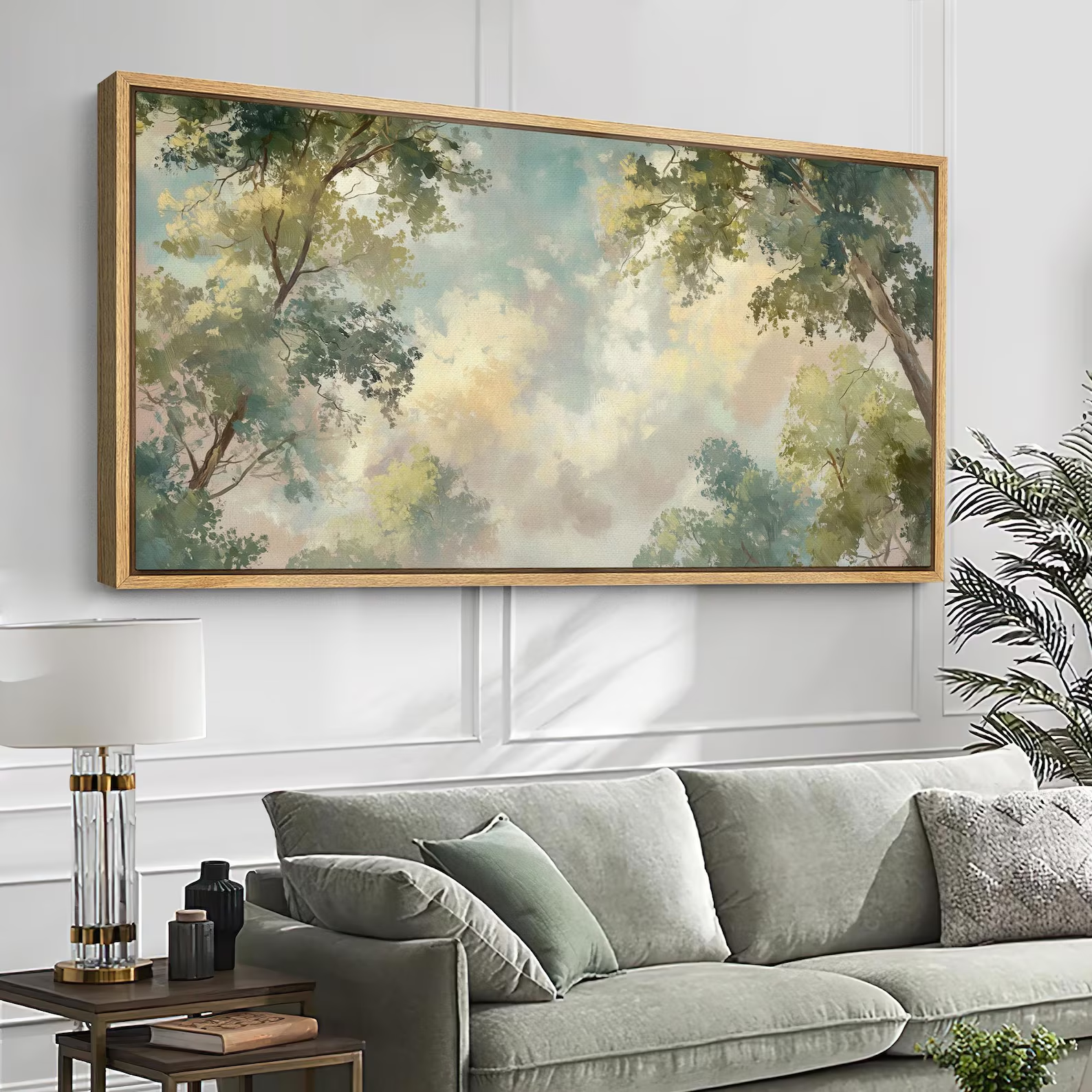 Large Framed Soft Tree Canopy Sky Wall Art, Looking Up Forest Canvas Print, Light Green Nature Artwork for Soothing Bedroom Decor