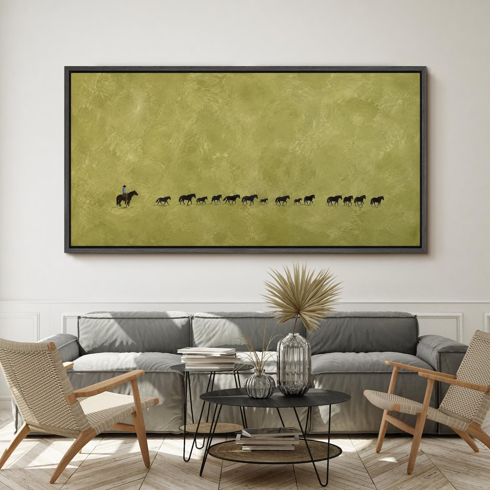 Large Cowboy Cattle Drive Framed Wall Art, Olive Green Ranch Canvas Print, Minimal Western Artwork, Rustic Farmhouse Decor