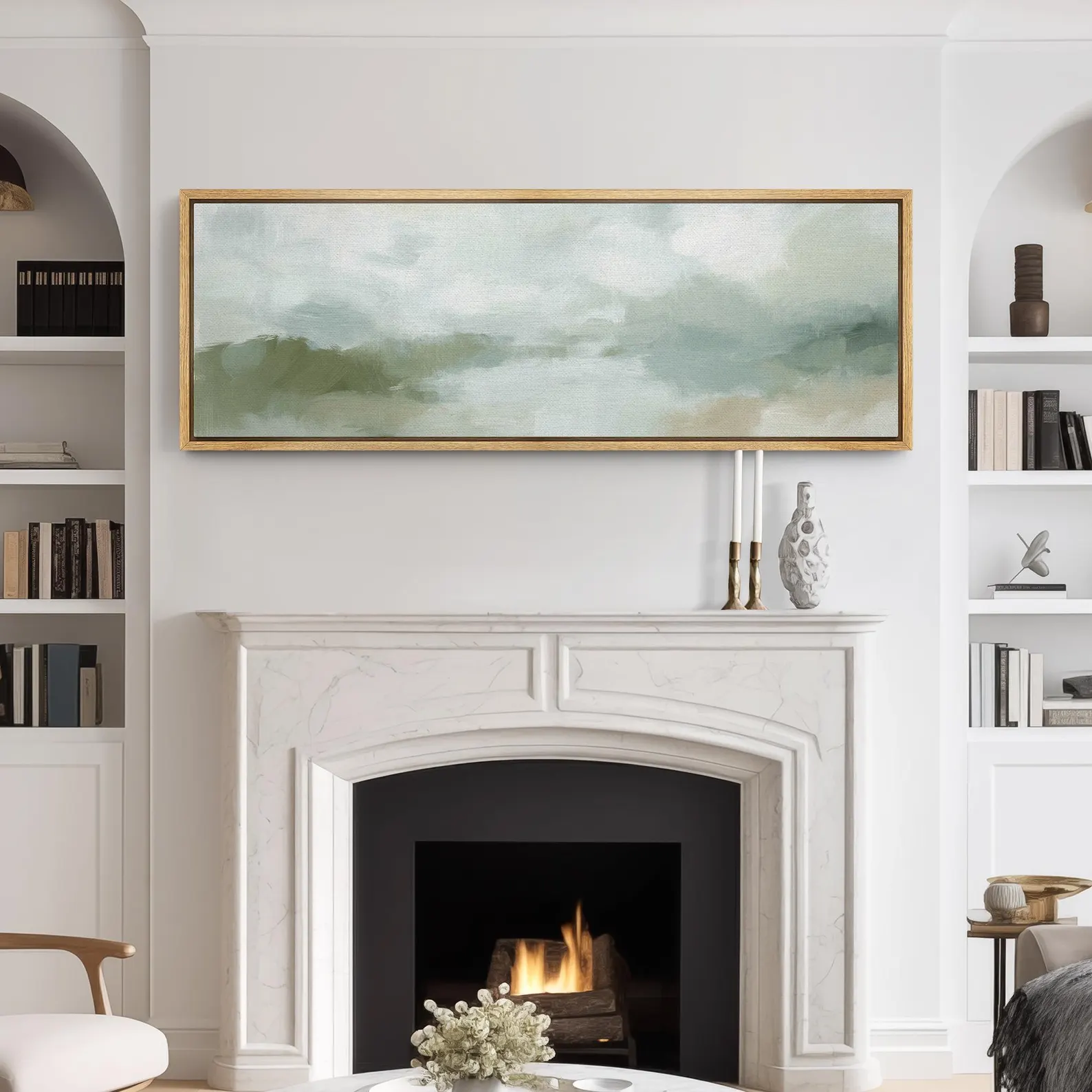 Soft Abstract Landscape Wall Art - Large Framed Canvas Print, Minimalist Green & Beige Nature Painting for Living Room or Bedroom Decor
