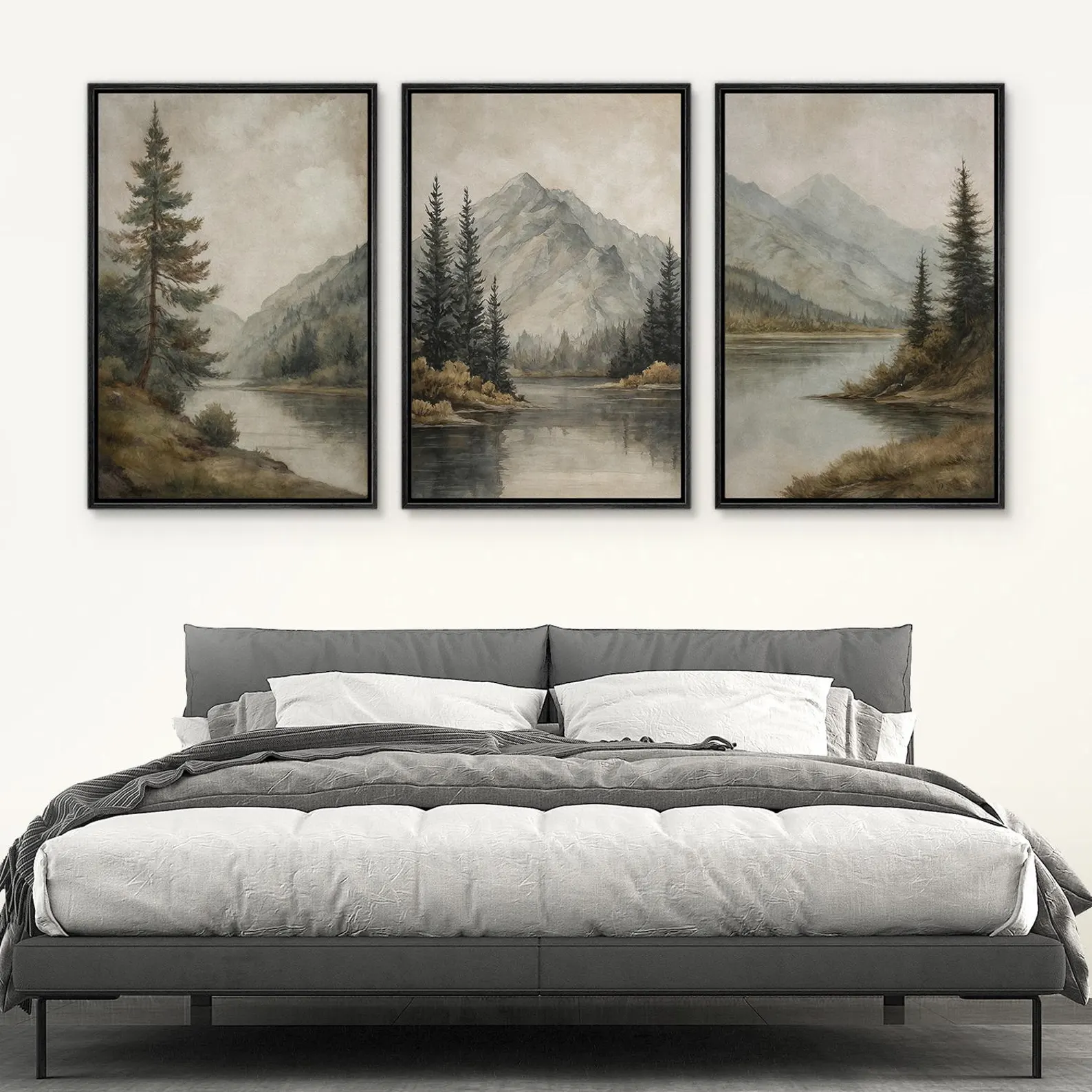 Mountain Lake Wall Art Set of 3 - Framed Pine Tree & River Canvas Prints, Neutral Nature Landscape Decor for Rustic Living Room or Bedroom