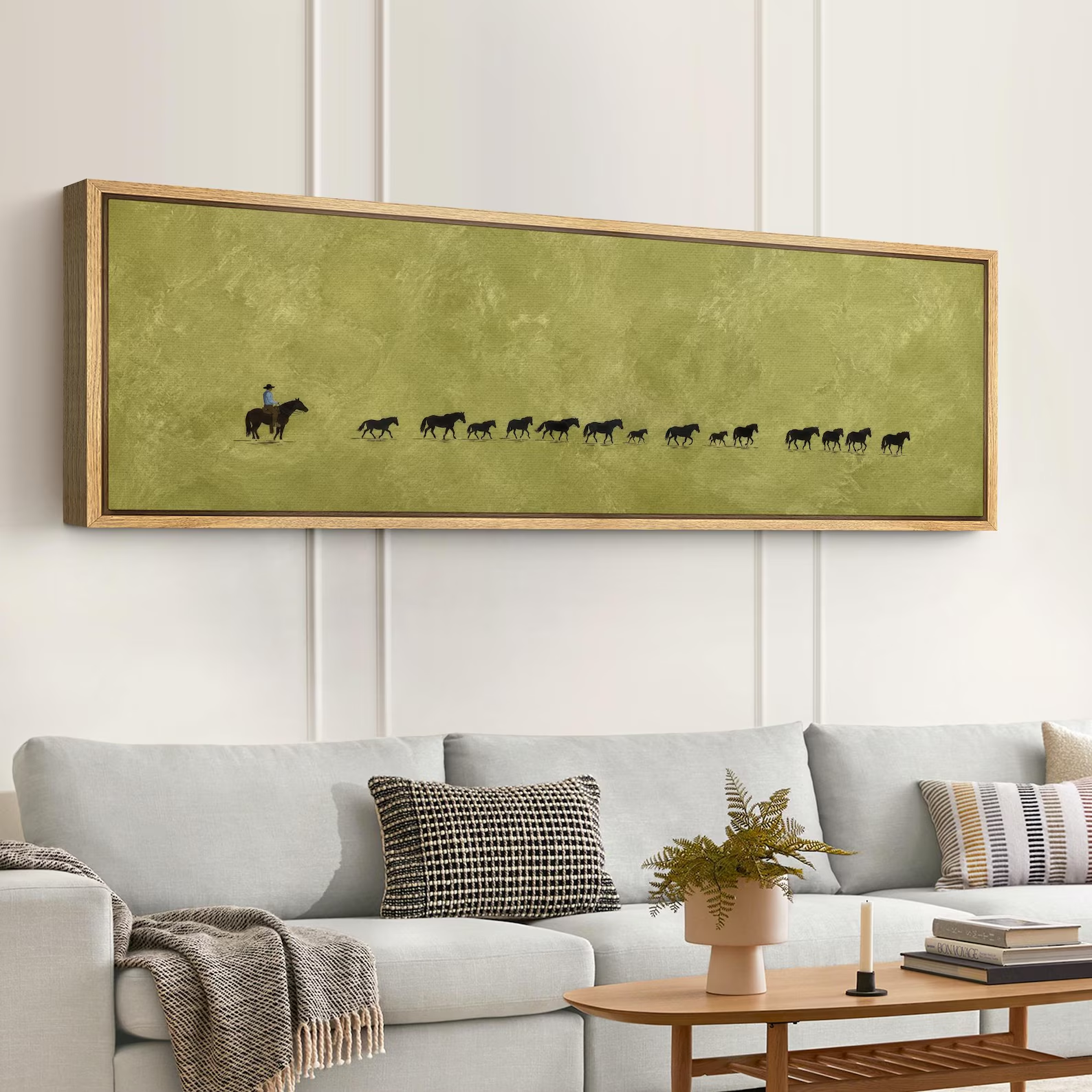 Large Cowboy Cattle Drive Framed Wall Art, Olive Green Ranch Canvas Print, Minimal Western Artwork, Rustic Farmhouse Decor